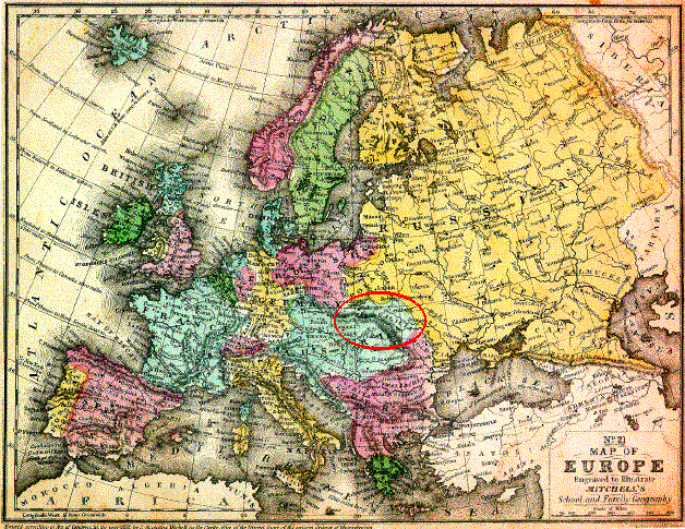 Map of old Europe with Galicia circled in red.  It the current southeast Poland and west Ukraine.