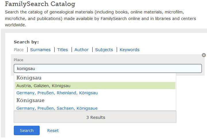 Screen shot when Konigsau typed into Family Search place search